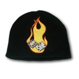 black knit beanie with flaming dice