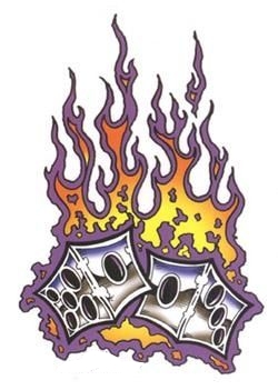 dice with purple orange flames