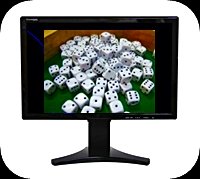 black monitor with white dice